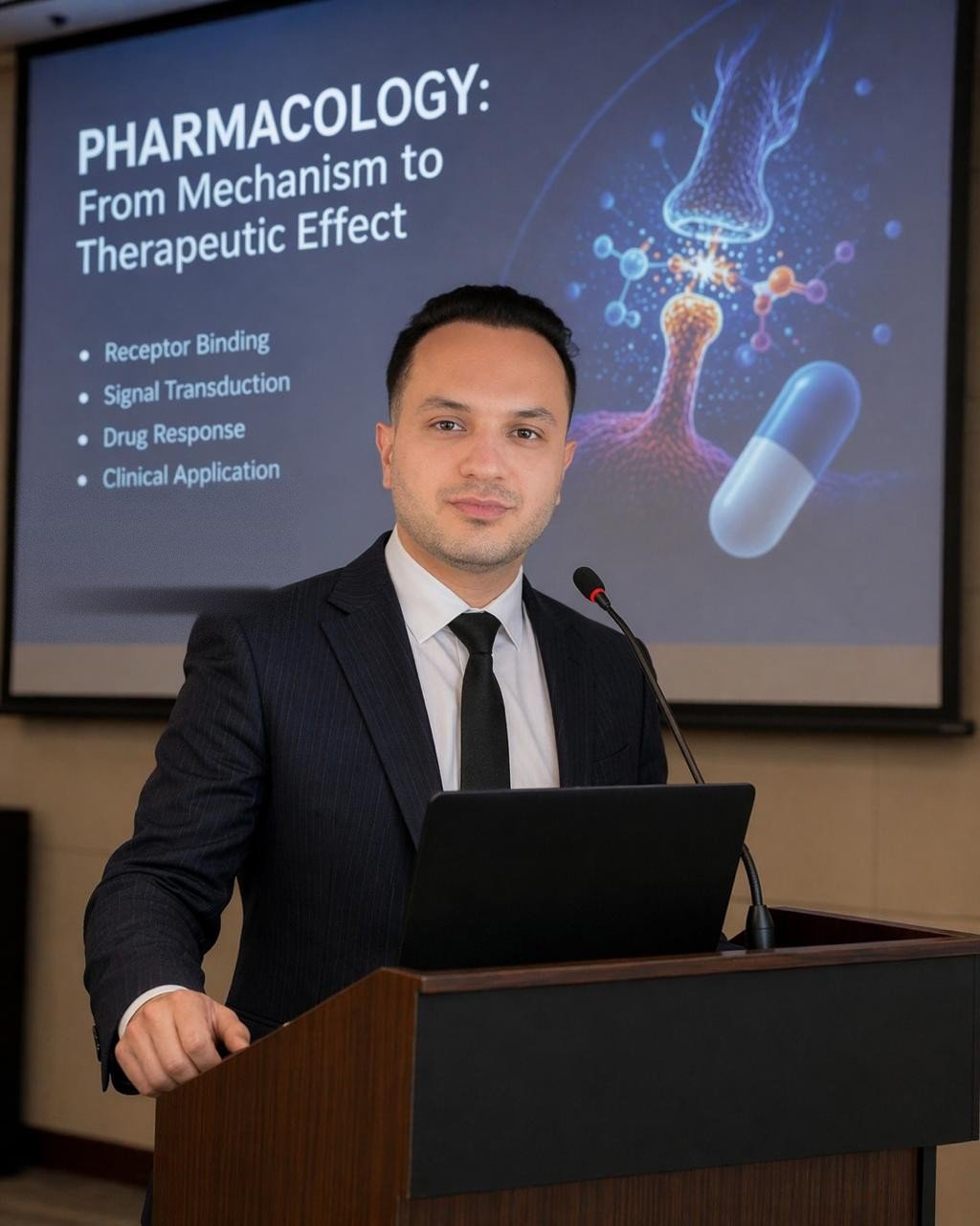 Dr. Pedram Yousfi presenting a lecture on pharmacology